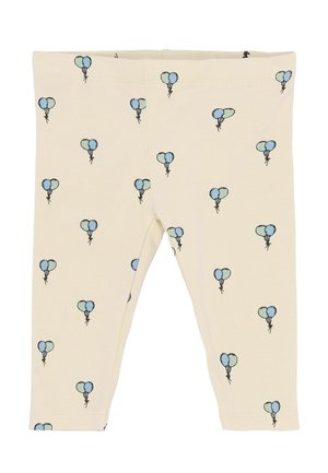 Beżowe legginsy z elastycznego bawełnianego materiału z powtarzającym się wzorem niebieskich i zielonych ilustracji balonów. Elastyczny pas, dopasowany krój.