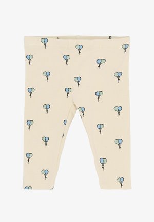 Beige Stretch-Cotton-Leggings mit einem sich wiederholenden Muster von blauen und grünen Ballonillustrationen. Elastischer Taillenbund, körperbetonter Schnitt.