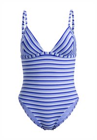 Maillot de bain une pièce rayé dans des tons de bleu et blanc, avec un décolleté en V, des bretelles fines et des bords froncés aux ouvertures des jambes.