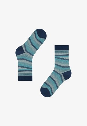 Gestreifte Socken in Blau-, Grau- und Marineblau-Tönen. Hergestellt aus Stoff mit unterschiedlichen Texturen, darunter gerippte Bündchen und kontrastierende Zehen- und Fersenakzente.