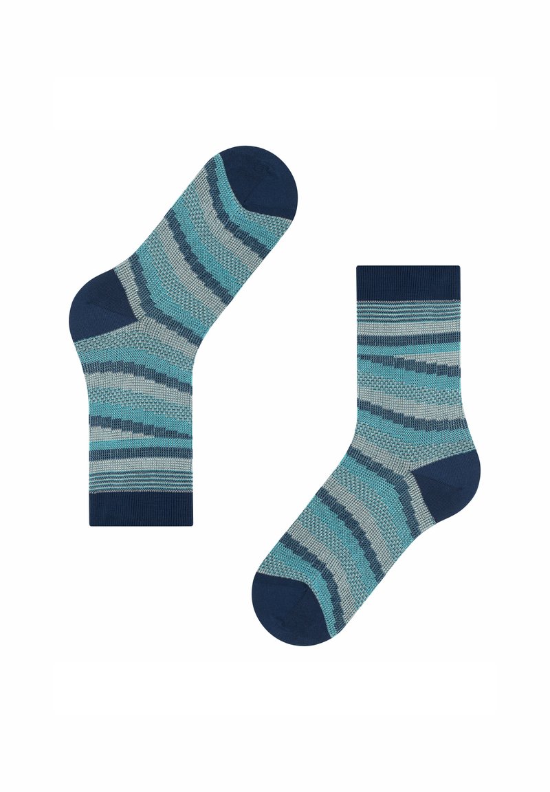 Gestreifte Socken in Blau-, Grau- und Marineblau-Tönen. Hergestellt aus Stoff mit unterschiedlichen Texturen, darunter gerippte Bündchen und kontrastierende Zehen- und Fersenakzente.