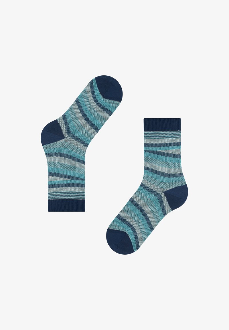 Skarpetki w paski w odcieniach niebieskiego, szarości i granatu. Wykonane z tkaniny o różnorodnych fakturach, w tym ściągaczami prążkowanymi oraz kontrastującymi akcentami na palcach i piętach.