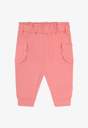 Pantaloni rosa per neonati con vita elastica e tasche con rifinitura arricciata sui lati, realizzati in tessuto morbido.