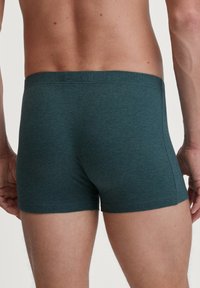 Boxer shorts in cotone di un verde scuro con una cintura elastica, caratterizzati da una consistenza liscia e un design aderente, mostrati da dietro.