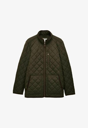 Chaqueta acolchada verde oscuro con cuello alto, cremallera frontal, dos bolsillos inferiores y un bolsillo en el pecho con cremallera.