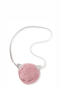 Kulatá růžová taška z chlupatého materiálu s stříbrnými kočičími oušky. Obsahuje tenký šedý nastavitelný popruh.