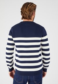 Maglione a righe blu navy e bianche con collo rotondo, polsini e orlo a costine. Realizzato in materiale lavorato a maglia, presenta righe verticali sul corpo.