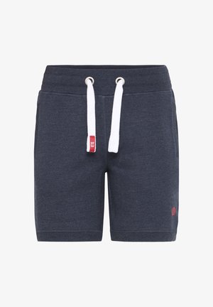 Dark gray cotton shorts with an elastic waistband and white drawstring, featuring side pockets and a small red logo on the front.