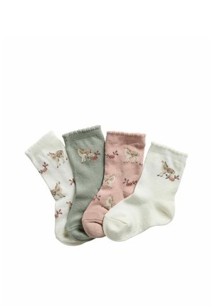 Vier weiche Baby-Baumwollsocken in Weiß, Grün, Pink und Creme, jeweils mit einem kleinen Hirsch- und Blumenmuster.
