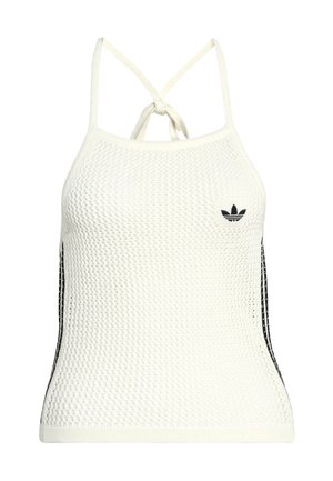 Biely pletený tielko s nastaviteľnými ramienkami, zaväzovaním na chrbte a čiernymi bočnými prvkami s malým čiernym logom na prednej strane.