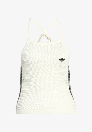 Biely pletený tielko s nastaviteľnými ramienkami, zaväzovaním na chrbte a čiernymi bočnými prvkami s malým čiernym logom na prednej strane.