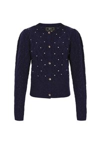 Laivastussininen neulecardigan pitkähihaisilla, pyöreällä kaula-aukolla, metallinapeilla, tekstuurilla varustetulla timanttikuviolla ja pienillä helmimäisillä koristeilla.