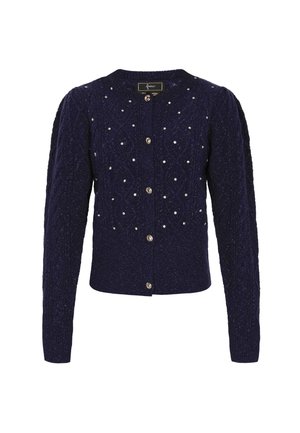 Navyblauwe gebreide cardigan met lange mouwen, ronde halslijn, metalen knopen, een gestructureerd ruitpatroon en kleine parelachtige versieringen.