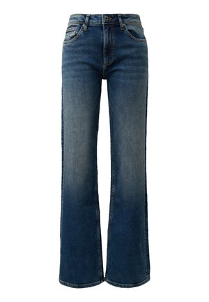 Blaue Denim-Hochbund-Jeans mit weitem Bein, vorn mit Knöpfen und Taschen, mit einem ausgewaschenen Effekt vom Oberschenkel bis zum Saum.