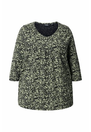 Schwarzes V-Ausschnitt-Tunikakleid mit einem kleinen floralen Muster in hellgrün. Lockerer Schnitt mit Dreiviertelärmel und gefalteten Details an der Vorderseite.