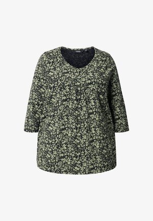 Zwarte v-hals tuniek met een klein bloemenpatroon in lichtgroen. Loose fit met driekwart mouwen en plooidetail aan de voorkant.