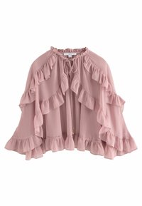Helles rosa Cape mit gewellten Kanten, aus weichem Stoff gefertigt. Verfügt über einen Bindeschluss am Hals und ein fließendes Design mit schichtweise Fransen.