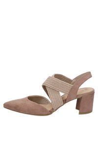 Chaussure pour femme en daim mauve à talon bas, bout pointu, brides croisées élastiques et design à bride arrière.