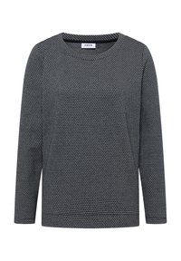 Schwarz-weißer langärmliger Strickpullover mit einem kleinen geometrischen Muster und rundem Halsausschnitt.