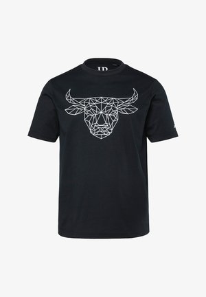 Sort t-shirt med korte ærmer og et hvidt geometrisk design af et tyrehovede placeret midt på brystet.
