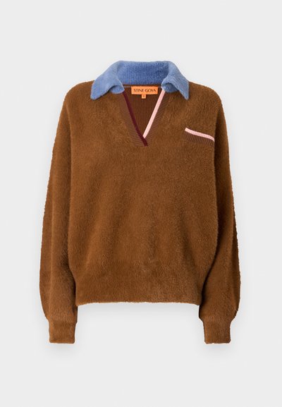 Brown fuzzy sweater with blue collar, v-neckline, and a small chest pocket. Features pink and burgundy accent stripes. Soft texture.