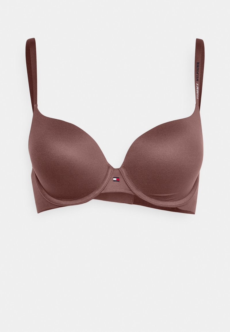 Bra in Braun, gepolstert mit glattem Stoff, Unterträgerunterstützung, verstellbaren Trägern und zentralem Logolabel in Rot, Weiß und Blau.