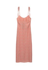 Vestido midi sin mangas con tirantes finos, que presenta un pequeño estampado floral en rosa y blanco sobre una tela ligera.