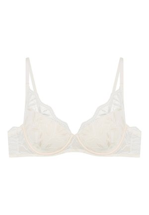 Lace bra in light cream, featuring leaf patterns, semi-sheer cups, scalloped edges, and adjustable straps with hook-and-eye closure.