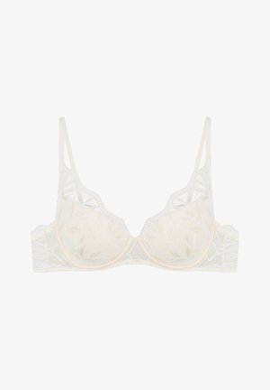 Spitzen-BH in hellem Creme, mit Blattmustern, halbtransparenten Cups, gewellten Kanten und verstellbaren Trägern mit Haken- und Ösenverschluss.