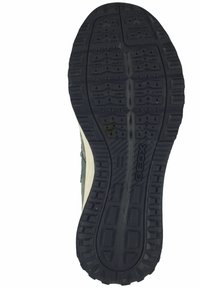 Suela de zapato con surcos profundos, de material de goma negra. Sección superior de un gris claro con una ligera curva a lo largo del borde, marca "Geox."
