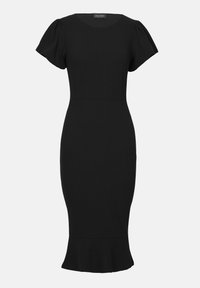 Robe noire ajustée avec de courtes manches bouffantes, encolure ronde, longueur au genou et volants évasés en bas. Tissu de texture lisse.