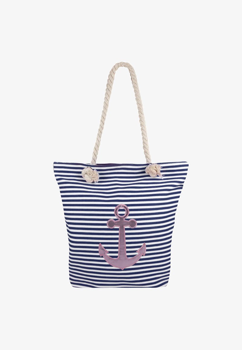 Bolsa tote de lienzo a rayas en azul marino y blanco, con un diseño de ancla rosa, asas de cuerda trenzada y acentos de borlas.