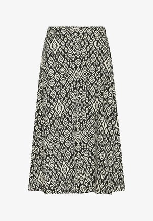 Mustat ja kermanväriset kuviolliset A-linjaiset hameet, joissa on geometrinen muotoilu, korkea vyötärö ja lentävä helma. Sopii arkikäyttöön.