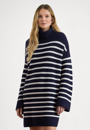 STRIPED WOOL-CASHMERE TURTLENECK DRESS - Obleka/pulover - lauren navy/mascarpone cream