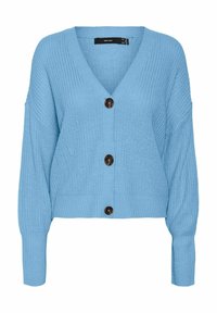 Jasnoniebieski sweter dzianinowy z dekoltem w serek, długimi rękawami, ściągaczami przy mankietach i na dole, oraz trzema dużymi brązowymi guzikami z przodu.