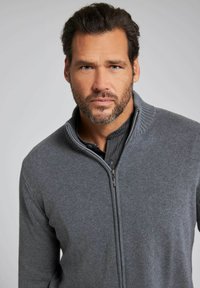 Maglione grigio con zip, colletto a coste, texture morbida e design aderente. Indossato sopra una camicia button-up scura.