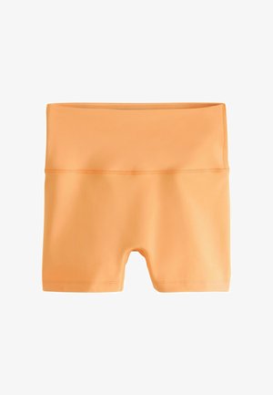 Oranžid ujumispüksid, mis on valmistatud siledast ja venivast materjalist, kõrge vöökohaga ja sobiva lõikega, millel on madalad õmblused mugavuse tagamiseks.
