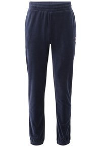 Mörkblå sweatpants gjorda av mjukt, plyschigt material. Har resårmidja och ärmslut, med en liten logodetalj på sidan.