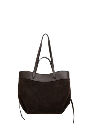 Sac fourre-tout en cuir et daim marron foncé avec double poignée et design minimaliste, présenté sur fond blanc.