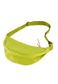 Borsa a cintura in tessuto verde con una texture liscia, forma curvata e tracolla regolabile. Presenta zip colorate e un design a profilo snello.