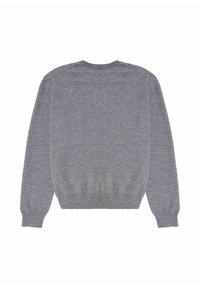 Grauer Pullover, gestrickt, vielseitige Textur, runder Halsauschnitt, lange Ärmel, gerippte Bündchen und Saum, glatte Oberfläche, schlichtes Design ohne Muster.