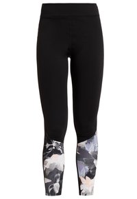 Czarne legginsy o wysokim stanie z panelem w kwiatowy wzór na wysokości połowy łydki. Wykonane z elastycznego materiału dla wygody i swobody ruchów.