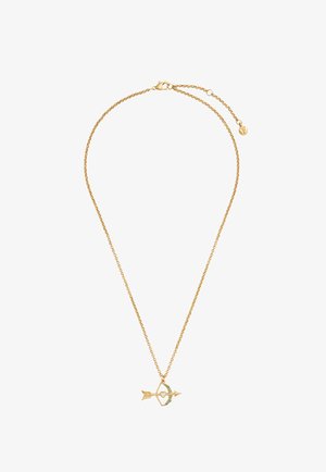 Kuldne kett-kaelakee, millel on vibu ja noole ripats, millel on väike süda ja türkiissinised aktsendid valgel taustal.