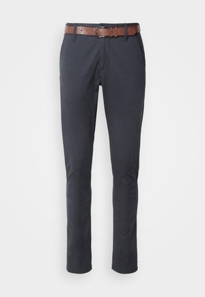 Navy blue trousers with a slim fit, crafted from cotton blend fabric, featuring a brown leather belt and subtle front pocket details.
