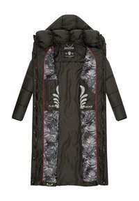 Black puffer coat with a hood, featuring a floral-patterned interior lining, red accents, quilted texture, and pockets on both sides.
