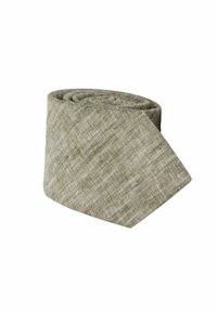 Vihreä kudottu solmio, jossa on teksturoitu pinta, kapea kärki ja rullattuna esittelyä varten. Valmistettu kevyestä kankaasta, jossa on hienovarainen kuvio.