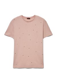 Hellrosa kurzärmeliges T-Shirt aus Baumwolle, verziert mit verstreuten metallischen Nieten. Rundhalsausschnitt und entspannte Passform.