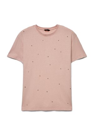 Hellrosa kurzärmeliges T-Shirt aus Baumwolle, verziert mit verstreuten metallischen Nieten. Rundhalsausschnitt und entspannte Passform.