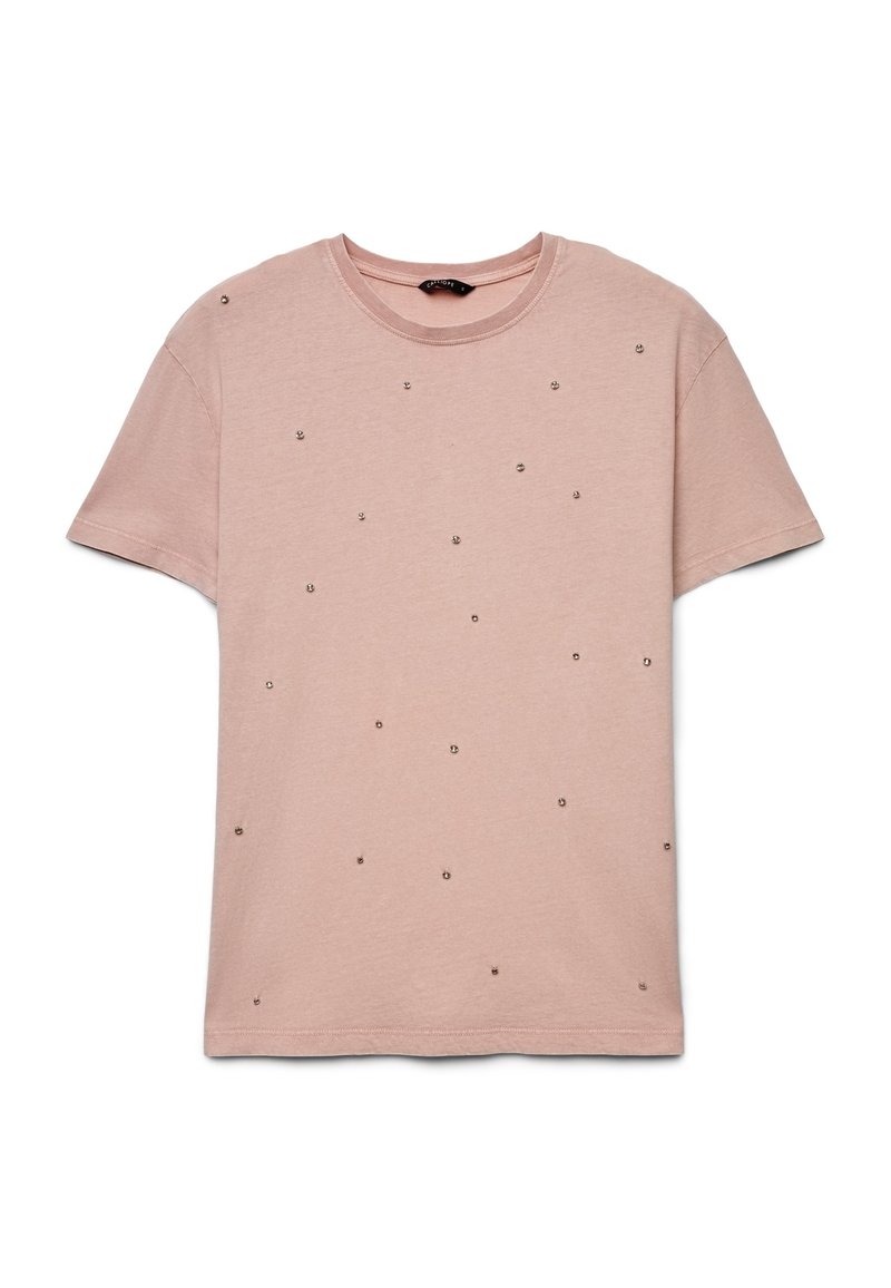 Hellrosa kurzärmeliges T-Shirt aus Baumwolle, verziert mit verstreuten metallischen Nieten. Rundhalsausschnitt und entspannte Passform.