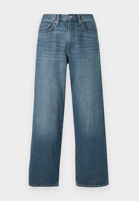 Wide-leg dark blue denim jeans with a button closure, belt loops, and a faded texture. Features five pockets and contrast stitching.
